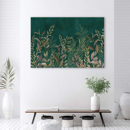 Quadro-su-tela,-Foglie-su-uno-sfondo-verde