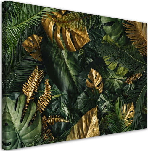Quadro-su-tela,-Foglie-tropicali-dorate