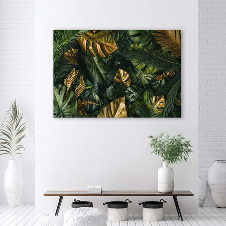 Quadro-su-tela,-Foglie-tropicali-dorate