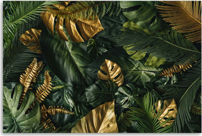 Quadro-su-tela,-Foglie-tropicali-dorate
