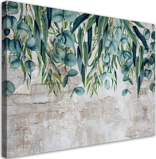 Quadro-su-tela,-Foglie-verdi-su-uno-sfondo-in-cemento