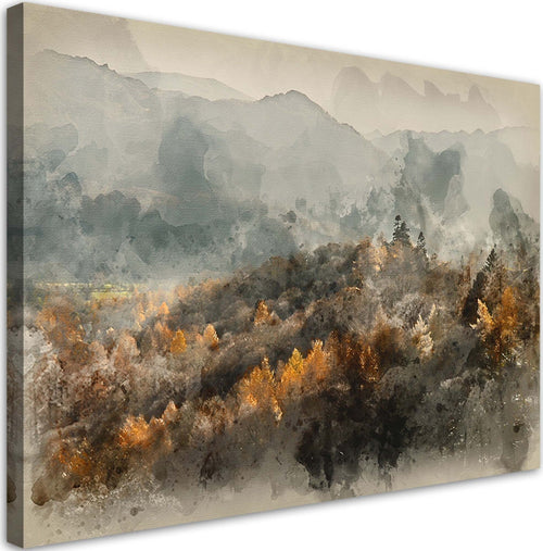 Quadro-su-tela,-Foresta-autunnale-nella-nebbia