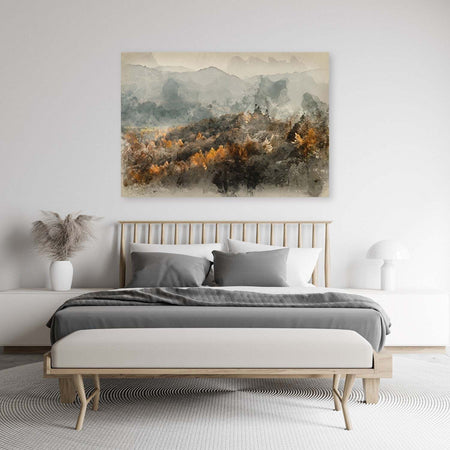 Quadro-su-tela,-Foresta-autunnale-nella-nebbia