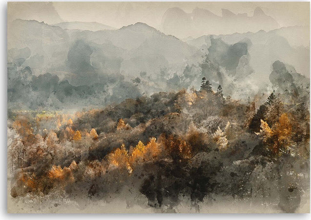 Quadro-su-tela,-Foresta-autunnale-nella-nebbia