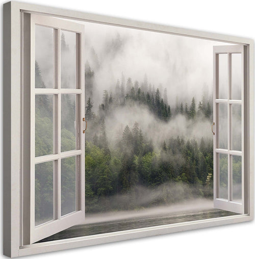 Quadro-su-tela,-Foresta-della-foresta-nel-lago-nebbia