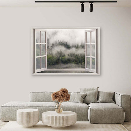 Quadro-su-tela,-Foresta-della-foresta-nel-lago-nebbia