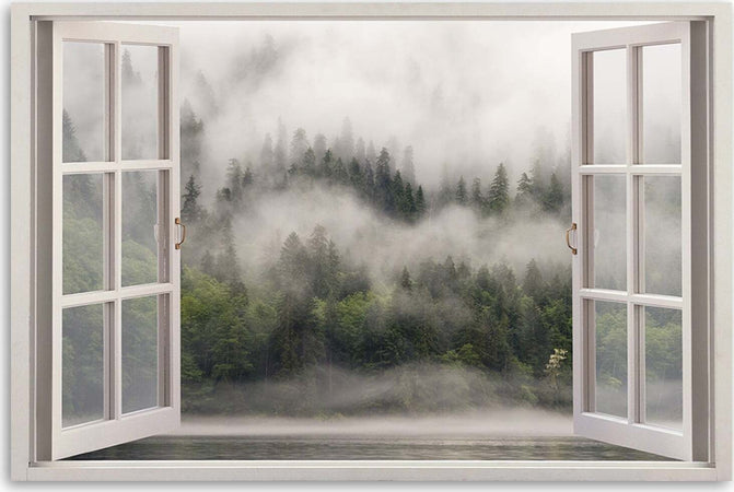 Quadro-su-tela,-Foresta-della-foresta-nel-lago-nebbia