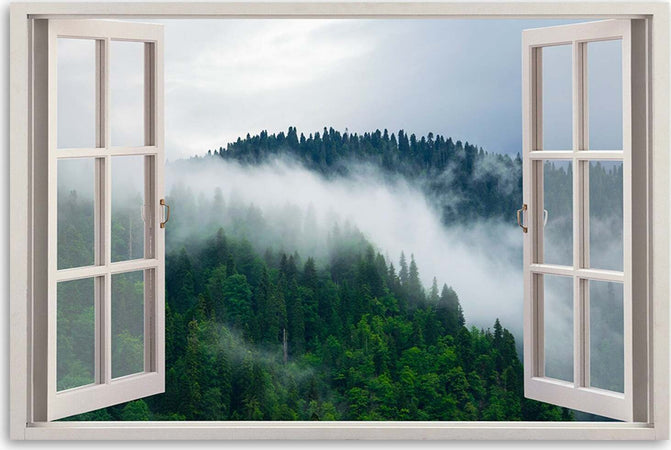 Quadro-su-tela-Foresta-nella-nebbia-vista-dalla-finestra