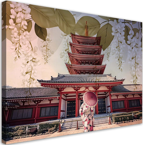 Quadro-su-tela,-Geisha-e-tempio-giapponese