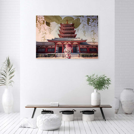 Quadro-su-tela,-Geisha-e-tempio-giapponese