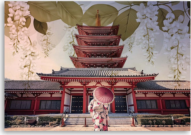 Quadro-su-tela,-Geisha-e-tempio-giapponese