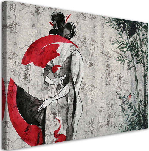 Quadro-su-tela,-Geisha-giapponese-con-un-fan