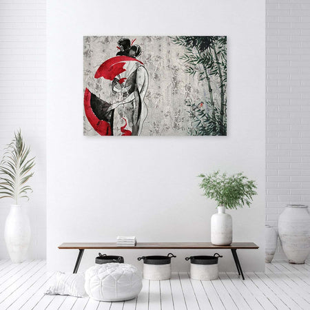 Quadro-su-tela,-Geisha-giapponese-con-un-fan