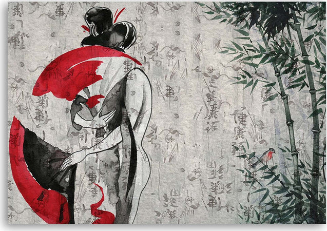 Quadro-su-tela,-Geisha-giapponese-con-un-fan