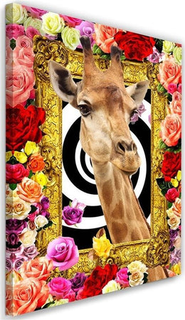 Quadro-su-tela,-Giraffa-fiori-colorati