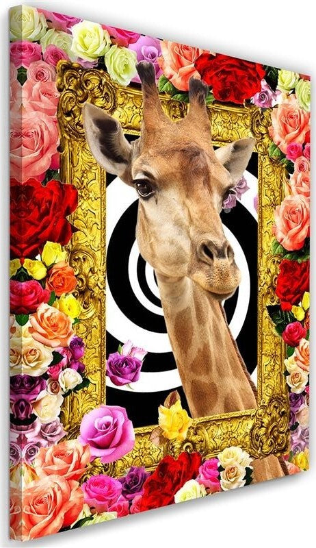 Quadro-su-tela,-Giraffa-fiori-colorati