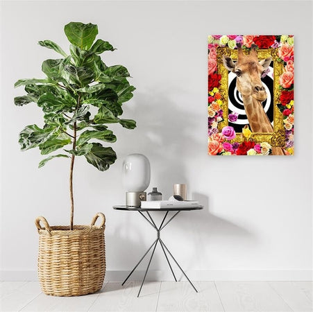 Quadro-su-tela,-Giraffa-fiori-colorati