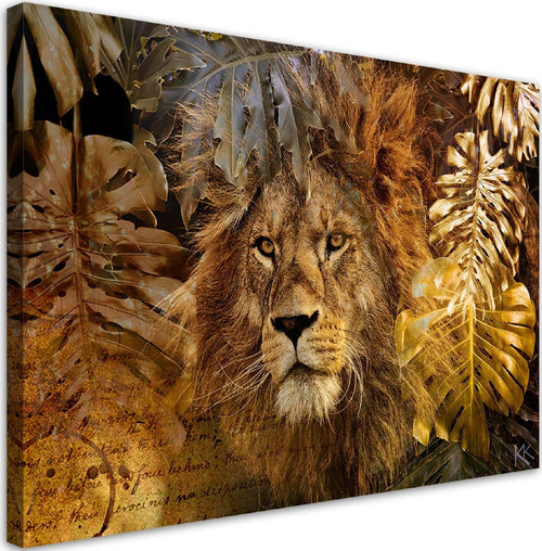 Quadro-su-tela,-Leone-e-foglie-dorate