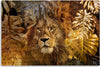 Quadro-su-tela,-Leone-e-foglie-dorate