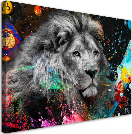 Quadro-su-tela,-Leone-su-uno-sfondo-colorato