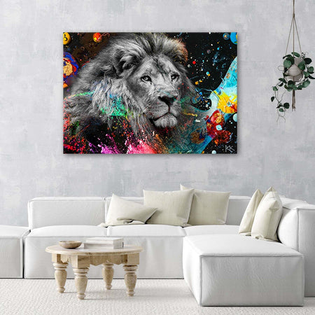 Quadro-su-tela,-Leone-su-uno-sfondo-colorato