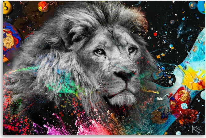Quadro-su-tela,-Leone-su-uno-sfondo-colorato
