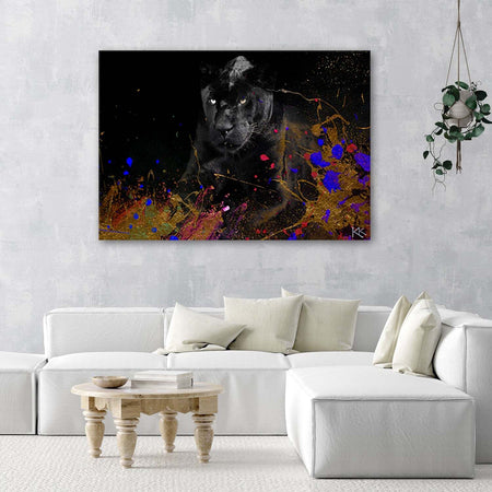 Quadro-su-tela,-Leopardo-nero-su-uno-sfondo-colorato