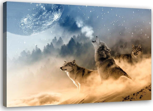 Quadro-su-tela,-Lupo-nella-nebbia-foresta-natura