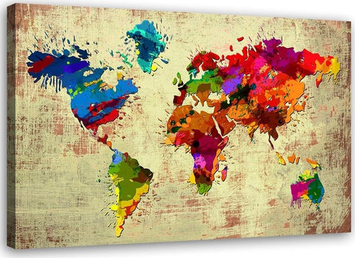 Quadro-su-tela,-Mappa-del-mondo-multicolore