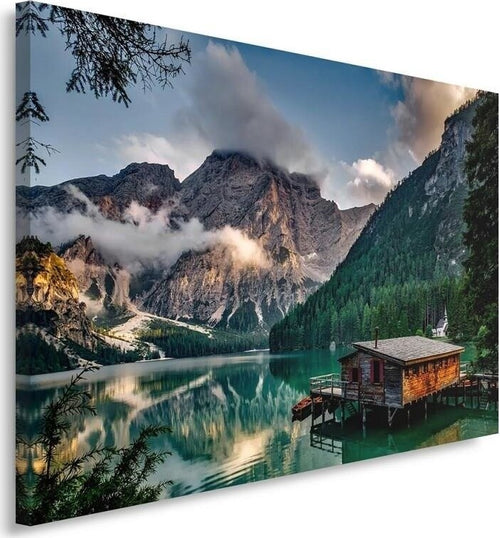 Quadro-su-tela,-Montagne-Casa-Lago-Natura