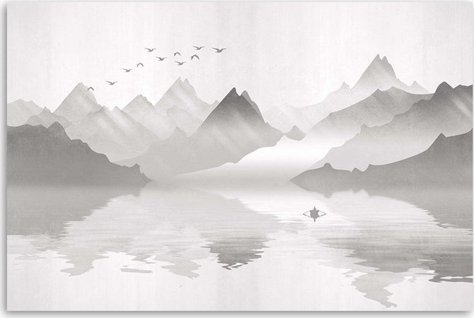 Quadro-su-tela,-Montagne-sul-lago-astrazione