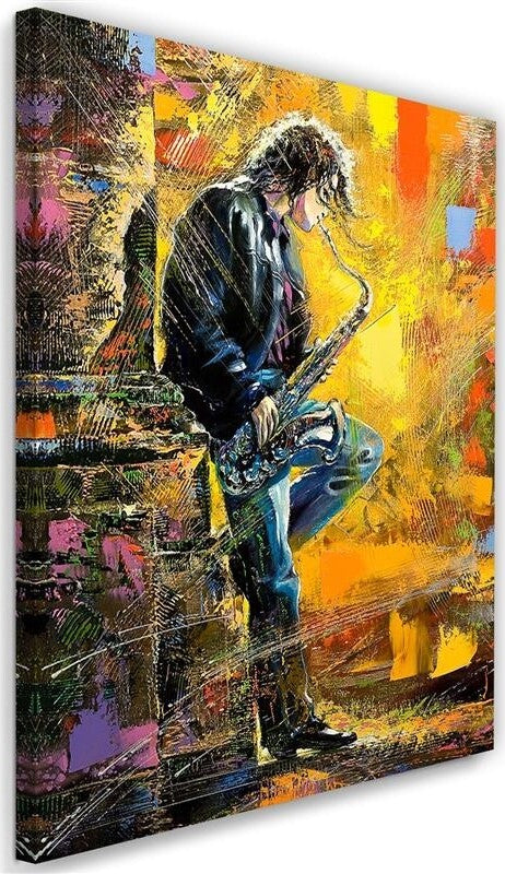 Quadro-su-tela,-Musicista-con-sassofono-multicolore