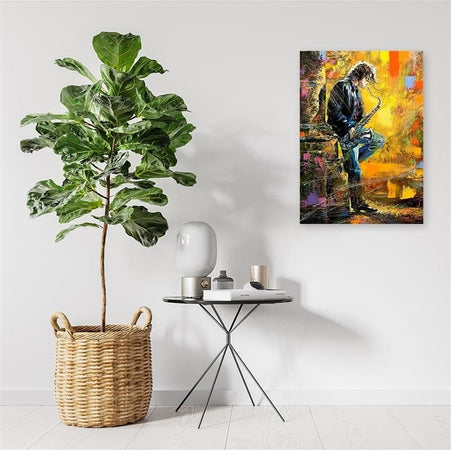 Quadro-su-tela,-Musicista-con-sassofono-multicolore