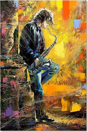 Quadro-su-tela,-Musicista-con-sassofono-multicolore