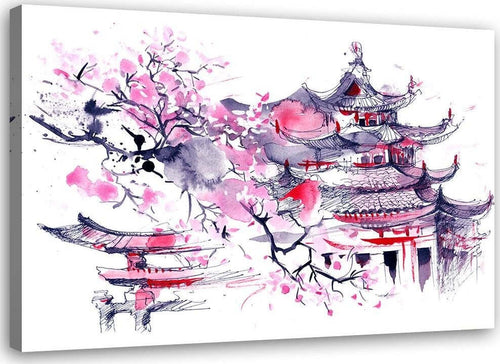 Quadro-su-tela,-Pagoda-Ciliegio-Giappone-dipinto