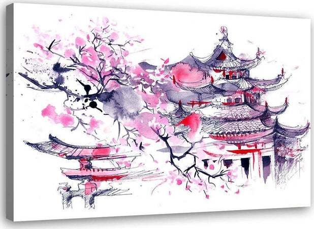 Quadro-su-tela,-Pagoda-Ciliegio-Giappone-dipinto
