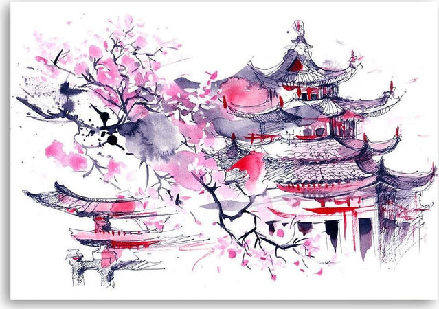 Quadro-su-tela,-Pagoda-Ciliegio-Giappone-dipinto
