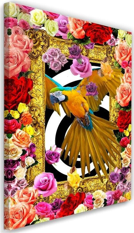 Quadro-su-tela,-Pappagallo-fiori-colorati-rose