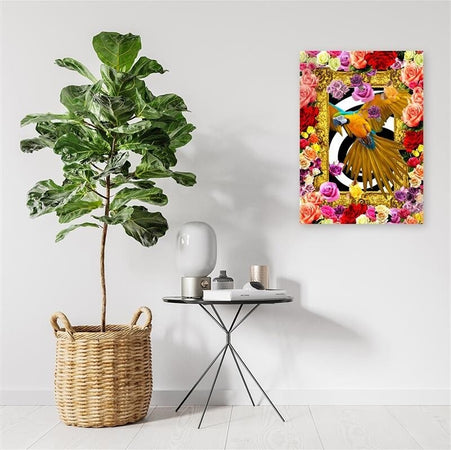 Quadro-su-tela,-Pappagallo-fiori-colorati-rose