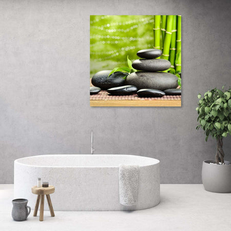 Quadro-su-tela,-Pietre-foglie-zen-spa