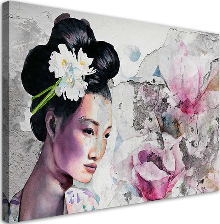 Quadro-su-tela,-Ritratto-di-una-geisha-sul-vecchio-muro