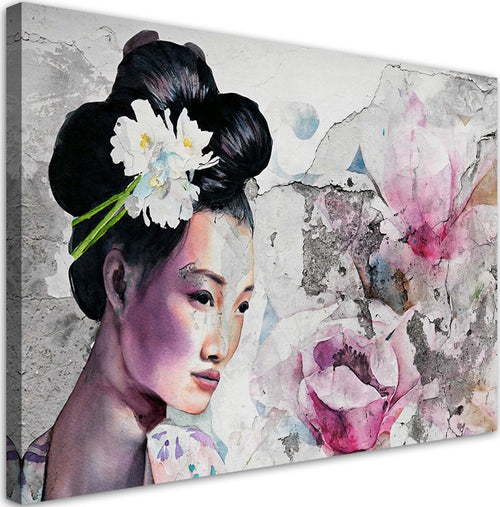 Quadro-su-tela,-Ritratto-di-una-geisha-sul-vecchio-muro