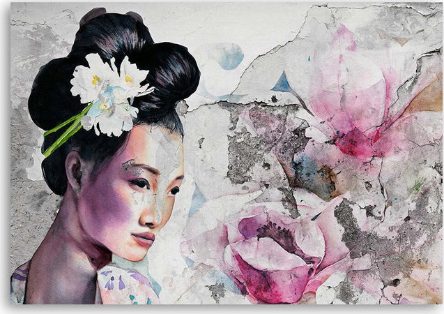 Quadro-su-tela,-Ritratto-di-una-geisha-sul-vecchio-muro
