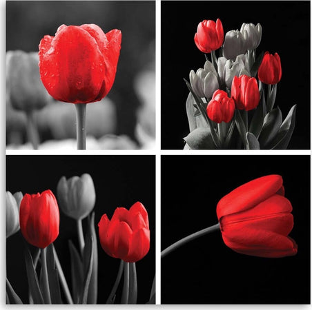 Quadro-su-tela,-Set-di-tulipani-rossi