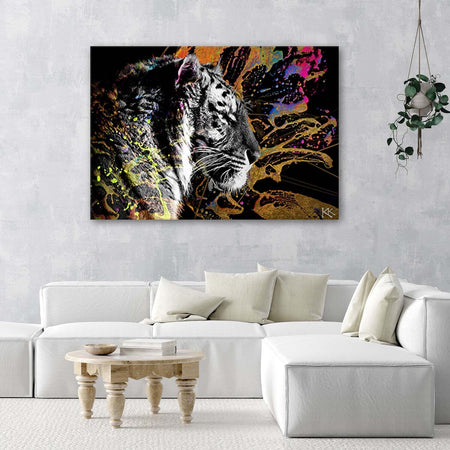 Quadro-su-tela,-Tigre-su-uno-sfondo-colorato