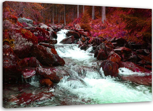 Quadro-su-tela,-Torrente-di-montagna-foresta-rosso