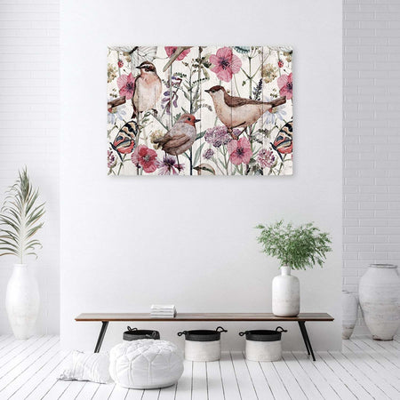 Quadro-su-tela,-Uccelli-e-farfalle-nel-prato