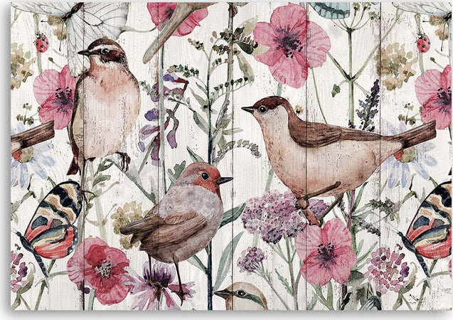 Quadro-su-tela,-Uccelli-e-farfalle-nel-prato