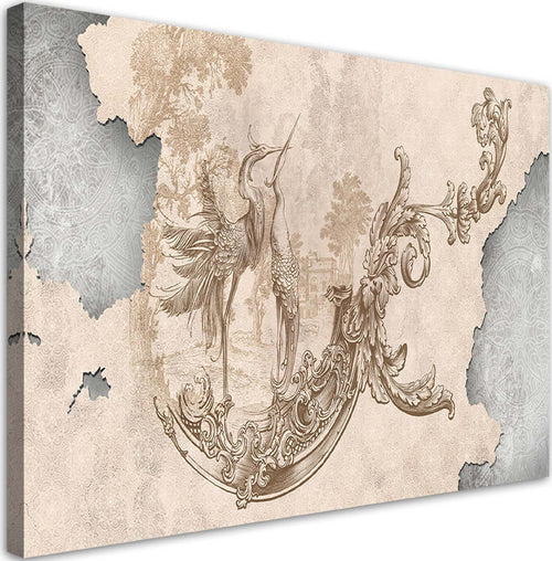 Quadro-su-tela,-Uccelli-e-foglie-su-un-affresco-orientale