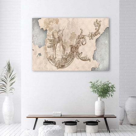 Quadro-su-tela,-Uccelli-e-foglie-su-un-affresco-orientale